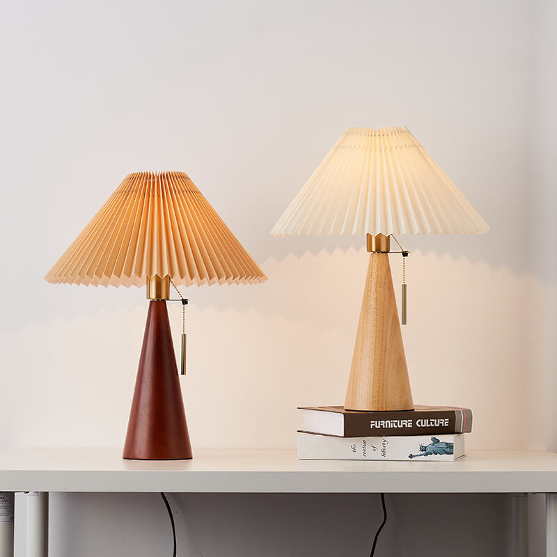 Lampe de Table Japonaise Bois & Tissu Plissé LED – Sérénité & Design Épuré