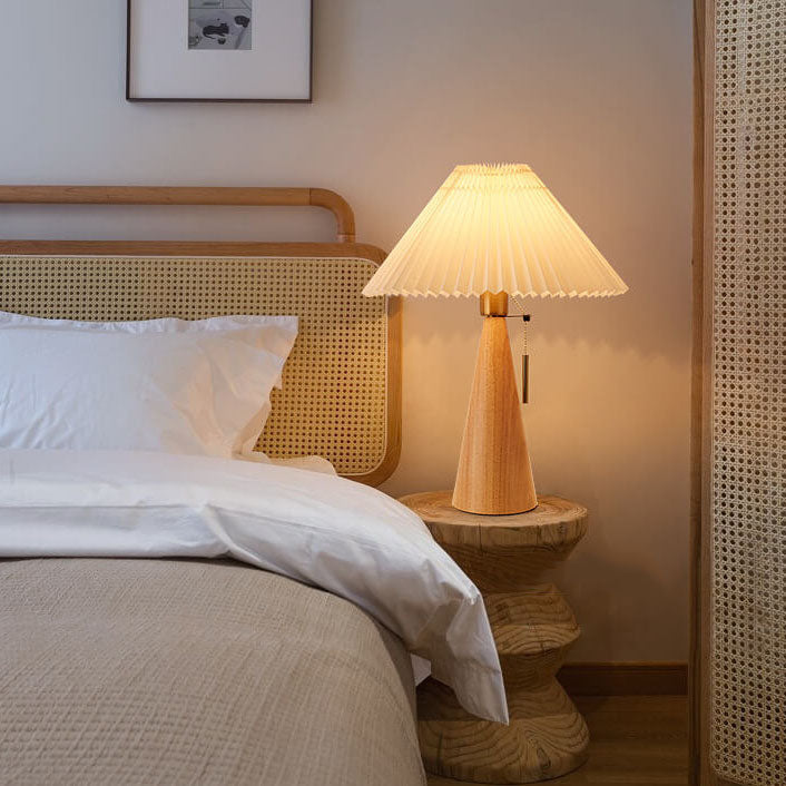 Lampe de Table Japonaise Bois & Tissu Plissé LED – Sérénité & Design Épuré