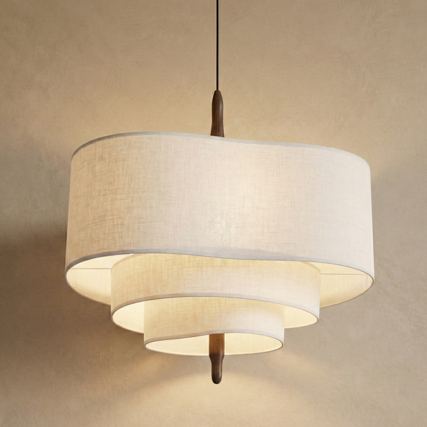 Suspension Design Sculptural en Bois et Tissu Beige