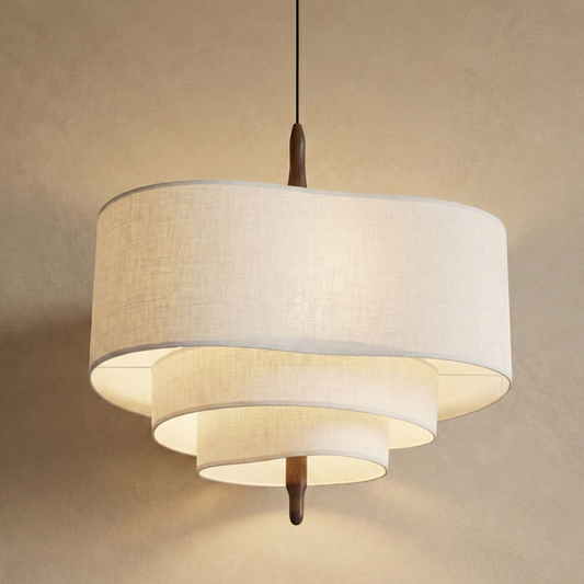 Suspension Design Sculptural en Bois et Tissu Beige