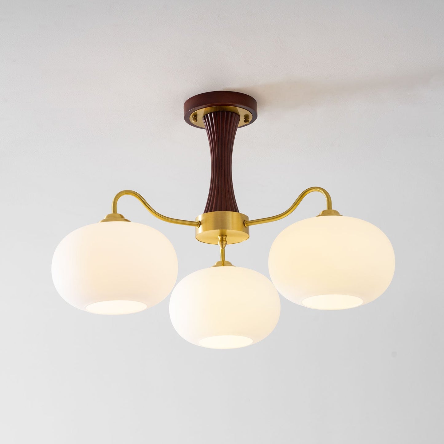 Suspension Laiton et Bois avec Abat-jours Verre
