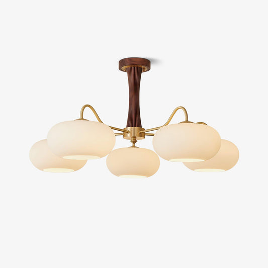 Suspension Laiton et Bois avec Abat-jours Verre