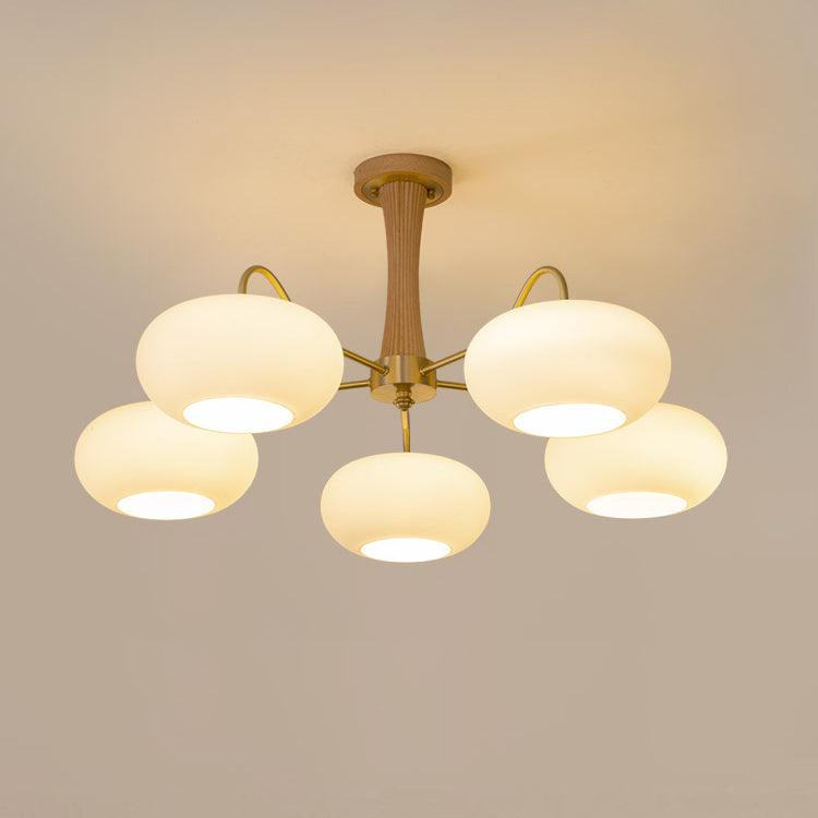 Suspension Laiton et Bois avec Abat-jours Verre