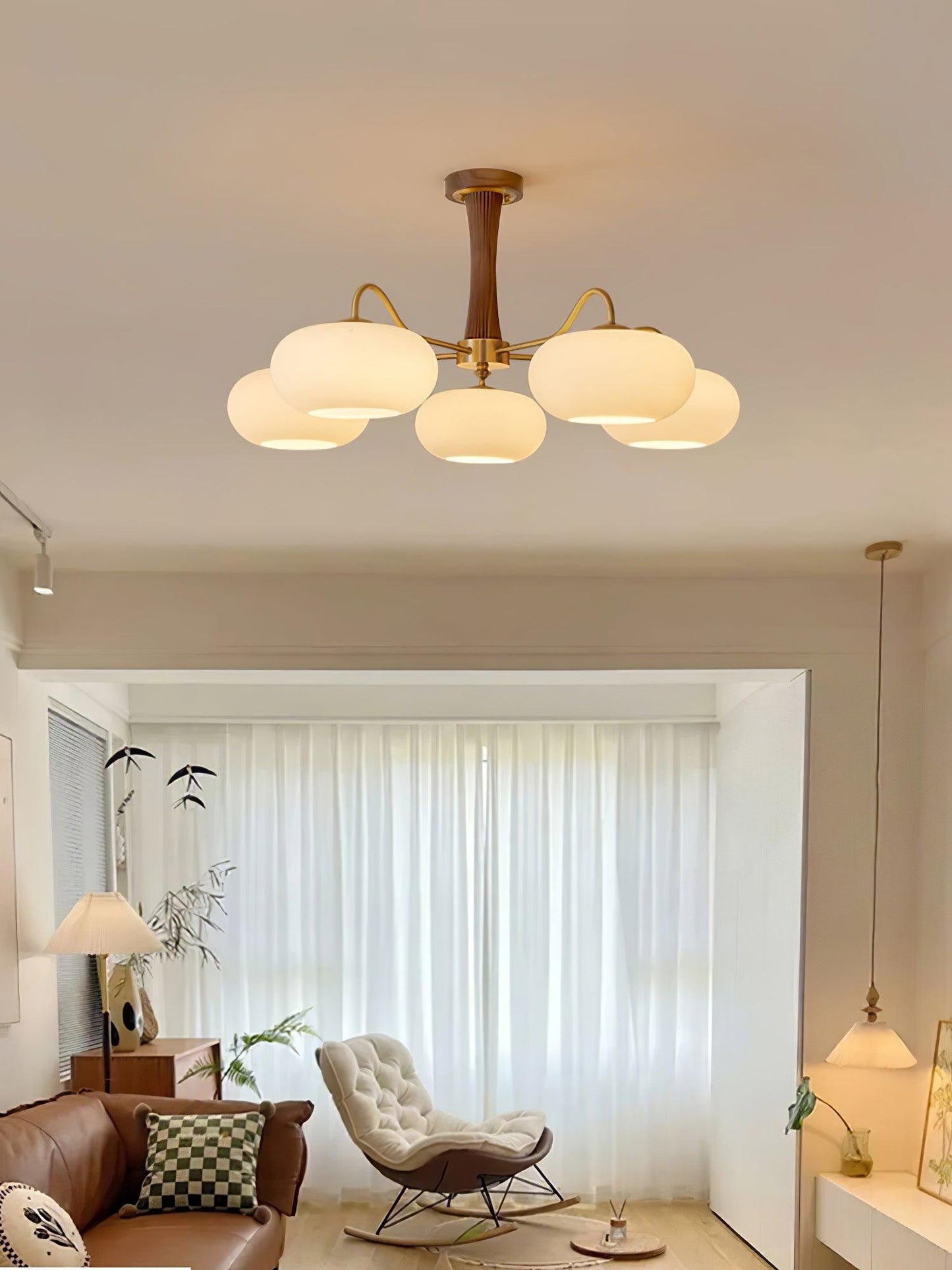 Suspension Laiton et Bois avec Abat-jours Verre