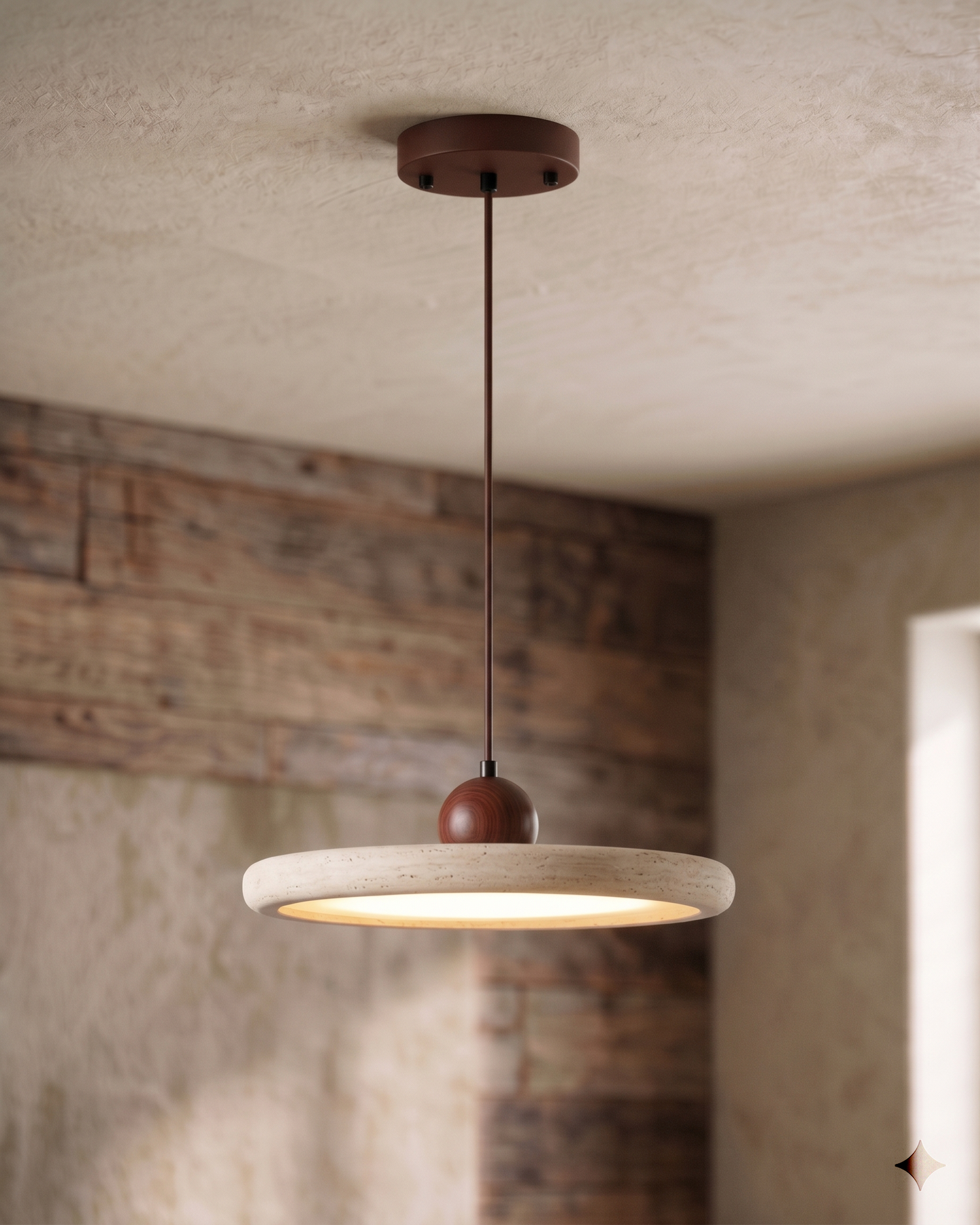Suspension en bois de noyer et travertin