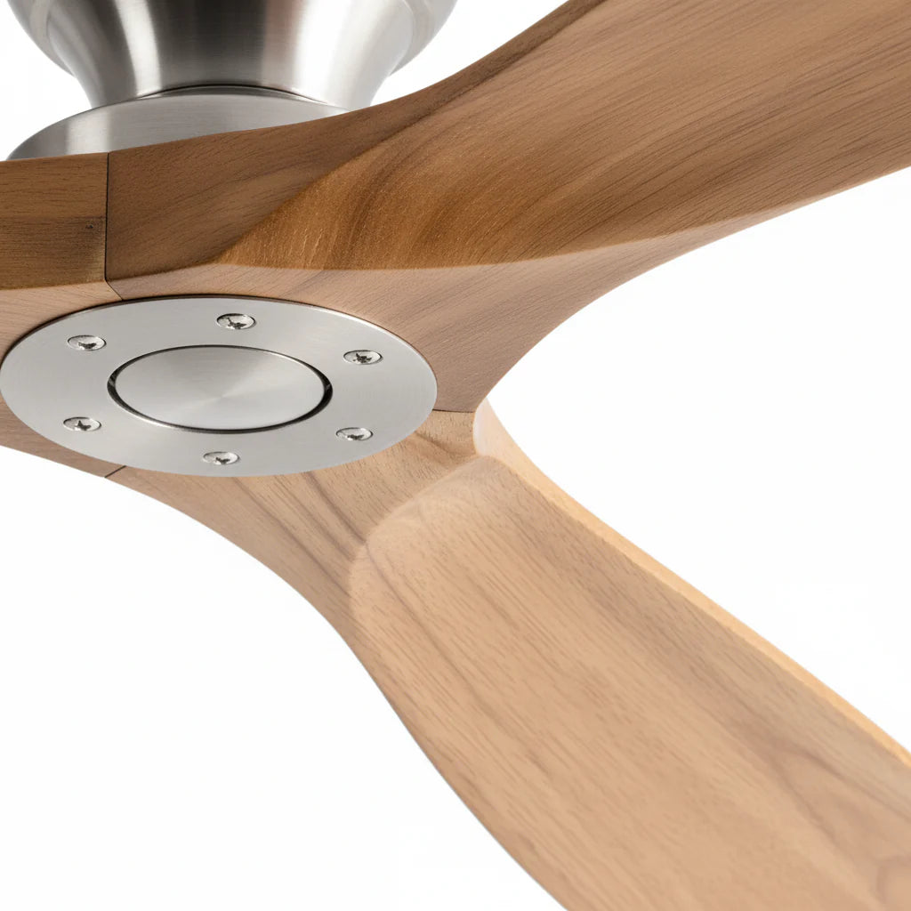 Ventilateur de Plafond en Bois Massif – Bois Naturel et Argent
