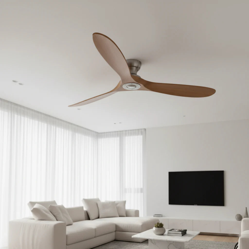 Ventilateur de Plafond en Bois Massif – Bois Naturel et Argent