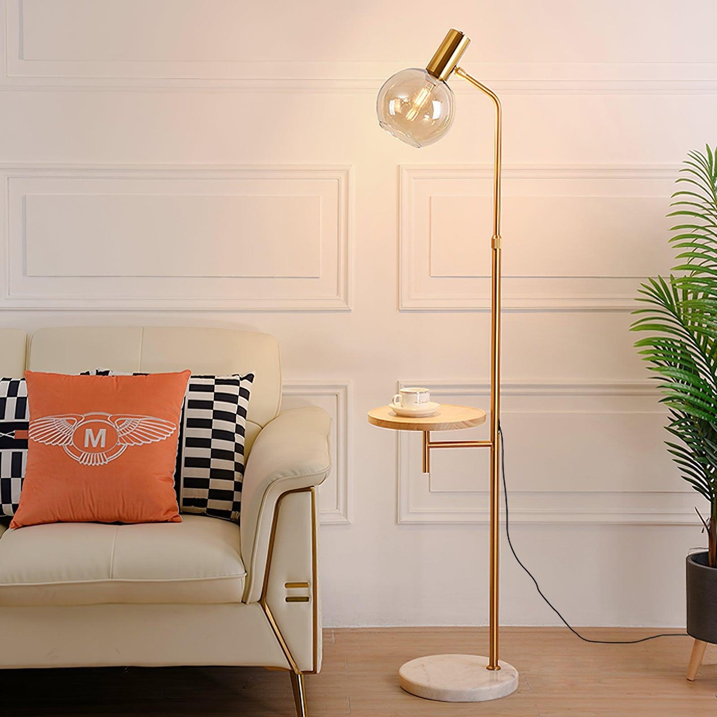 Lampadaire avec Table en Marbre & Or