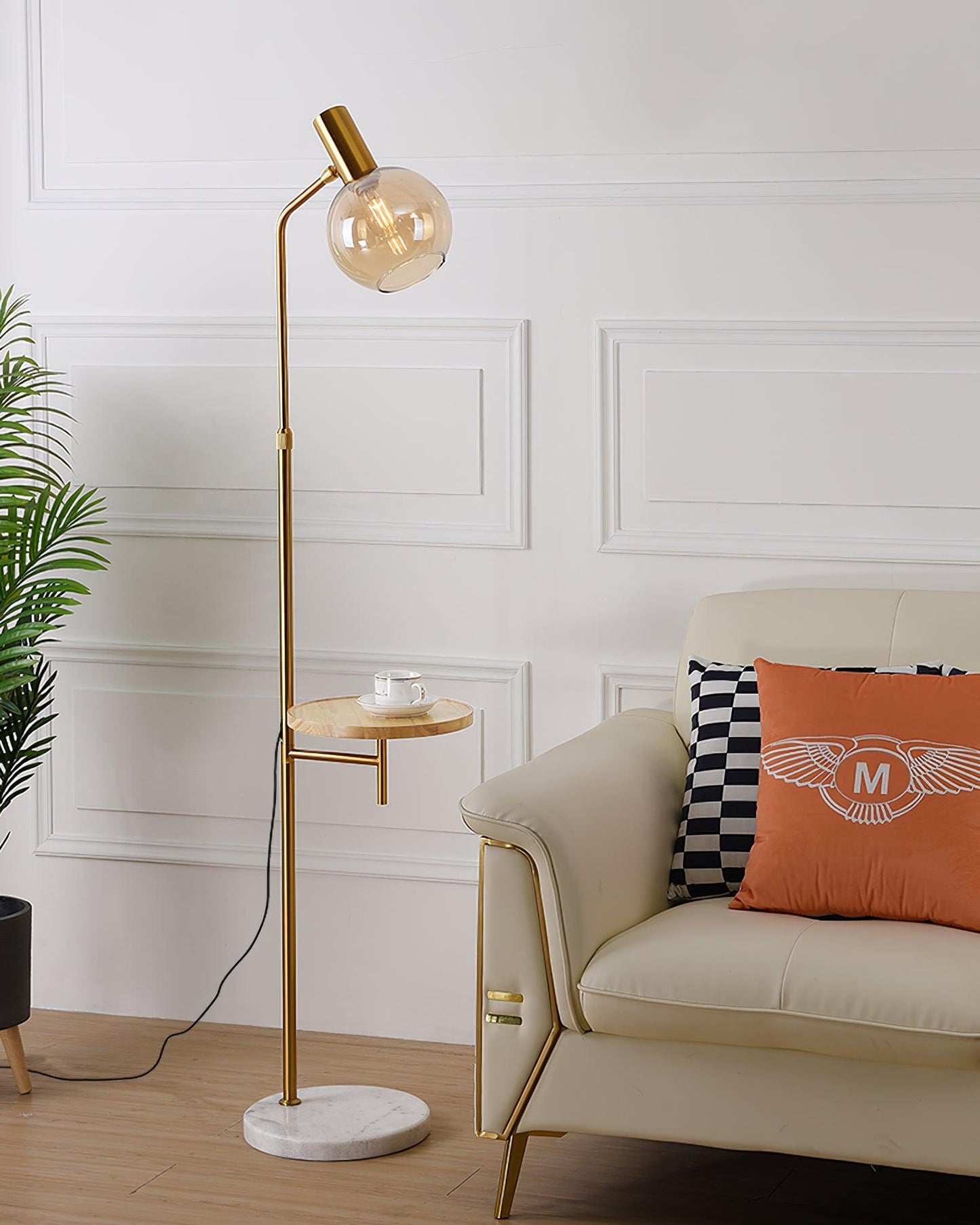 Lampadaire avec Table en Marbre & Or