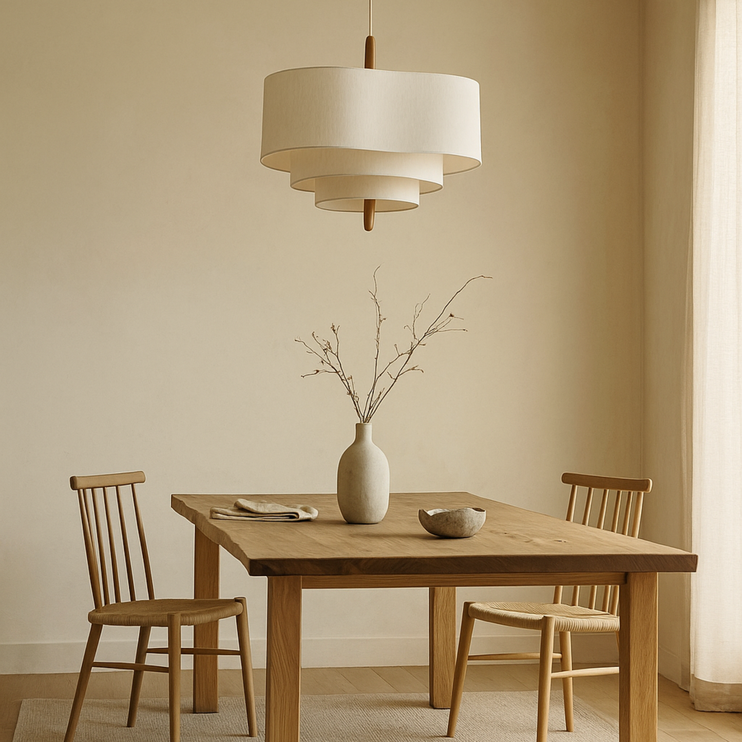 Suspension Design Sculptural en Bois et Tissu Beige