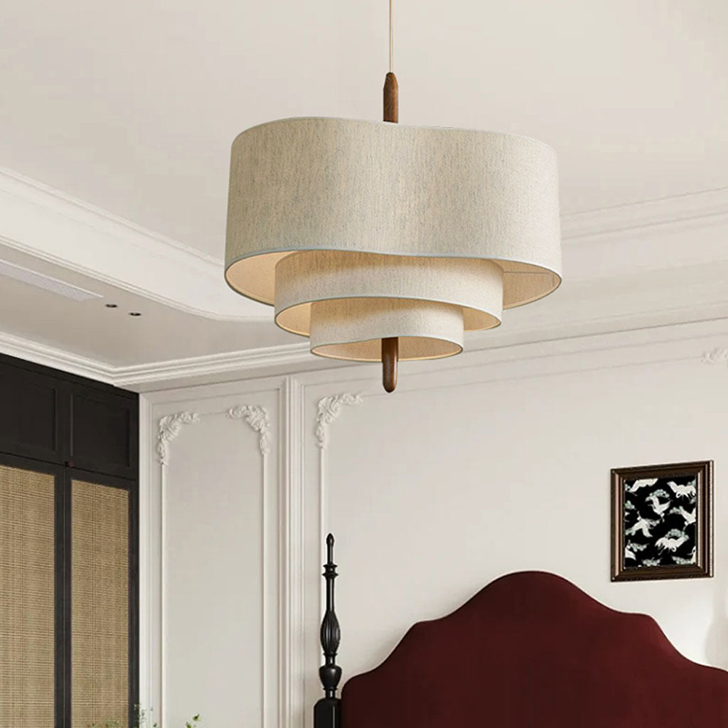 Suspension Design Sculptural en Bois et Tissu Beige